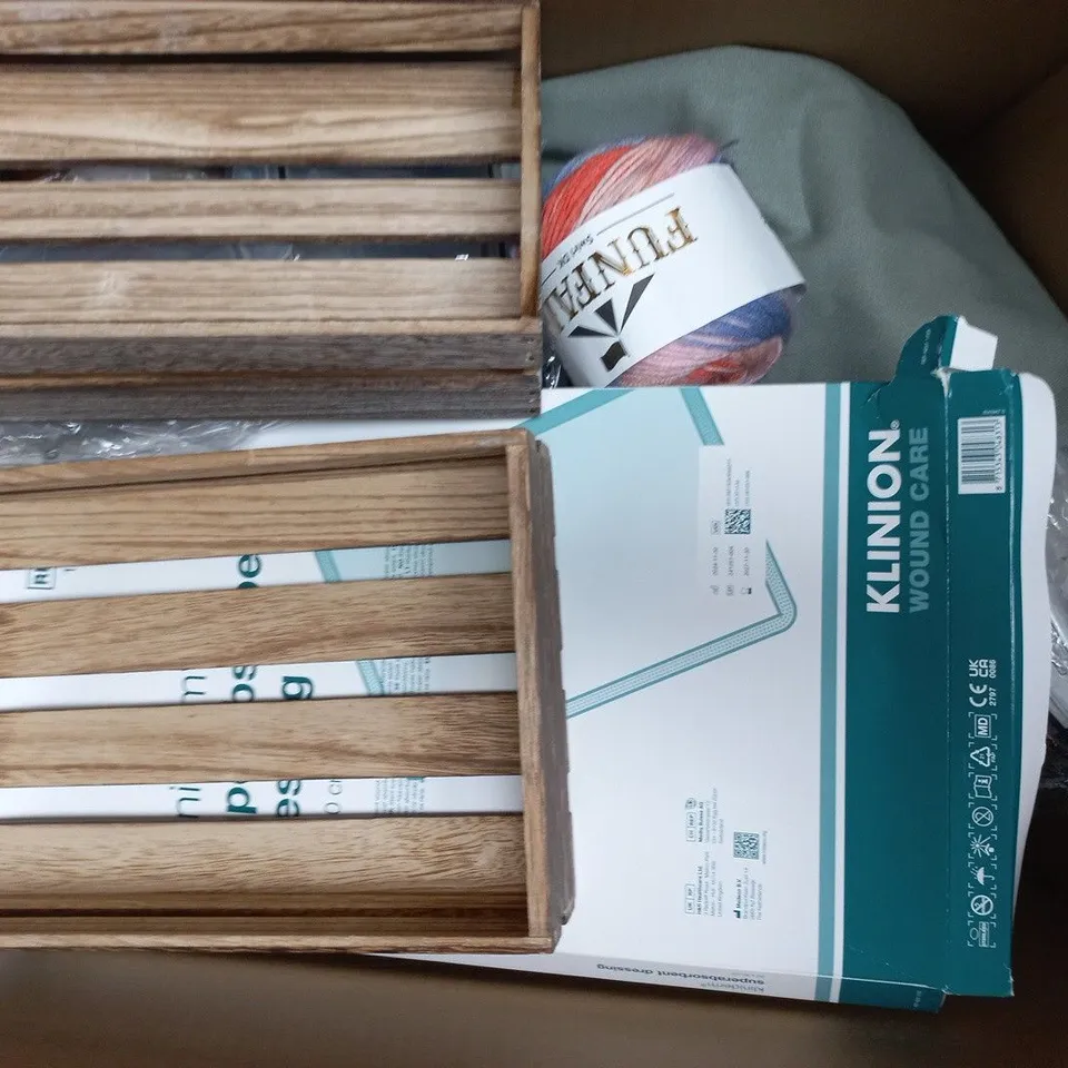 BOX OF APPROXIMATELY 15 ASSORTED HOUSEHOLD ITEMS TO INCLUDE FUNFAIR KNITTING YARN, ETC