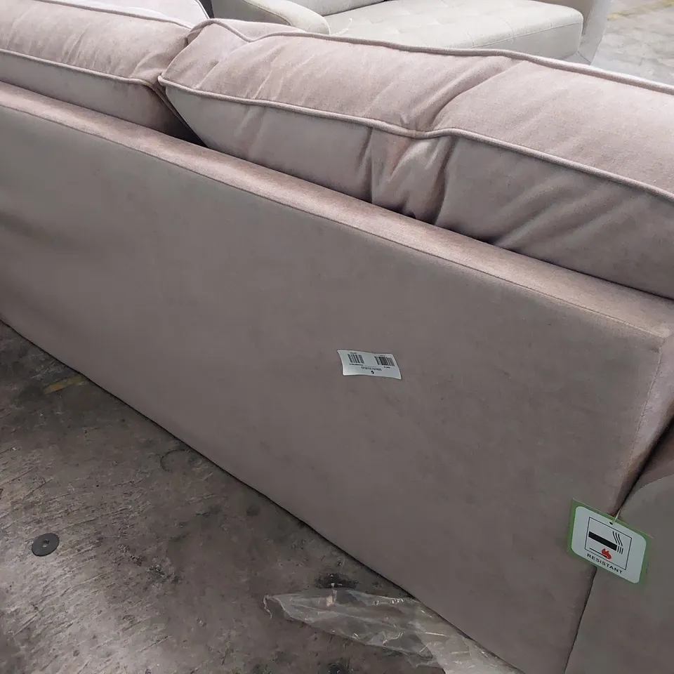DESIGNER THREE SEATER SCROLL ARM SOFA ROSE PINK FABRIC 