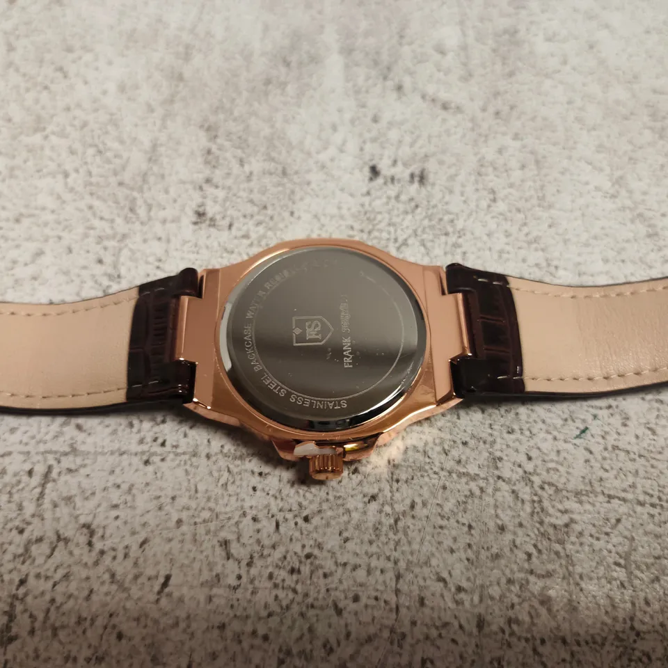 FRANK SCHMIDT WRISTWATCH IN GREEN PRESENTATION BOX – ROSE GOLD-TONE CASE, BROWN LEATHER STRAP