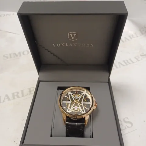 MENS VONLANTHEN AUTOMATIC SKELETON WATCH – V110 - GLASS EXHIBITION BACKCASE – BLACK LEATHER STRAP