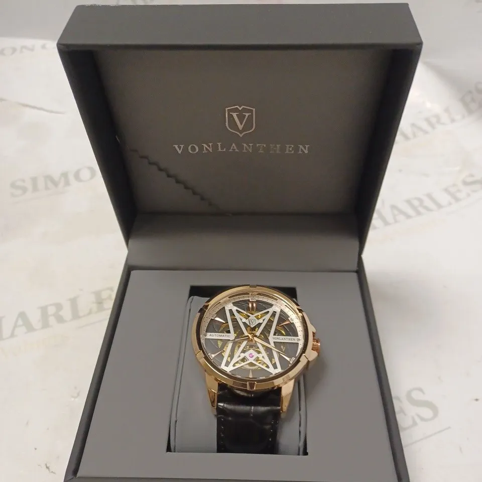 MENS VONLANTHEN AUTOMATIC SKELETON WATCH – V110 - GLASS EXHIBITION BACKCASE – BLACK LEATHER STRAP