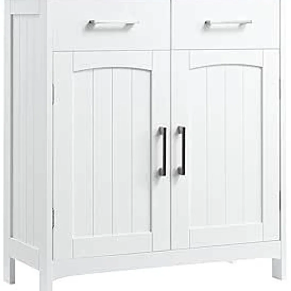BOXED KLEANKIN FREESTANDING BATHROOM CABINET, STORAGE CUPBOARD WITH 2 DRAWERS, DOUBLE DOORS, ADJUSTABLE SHELF, WHITE (1 BOX)