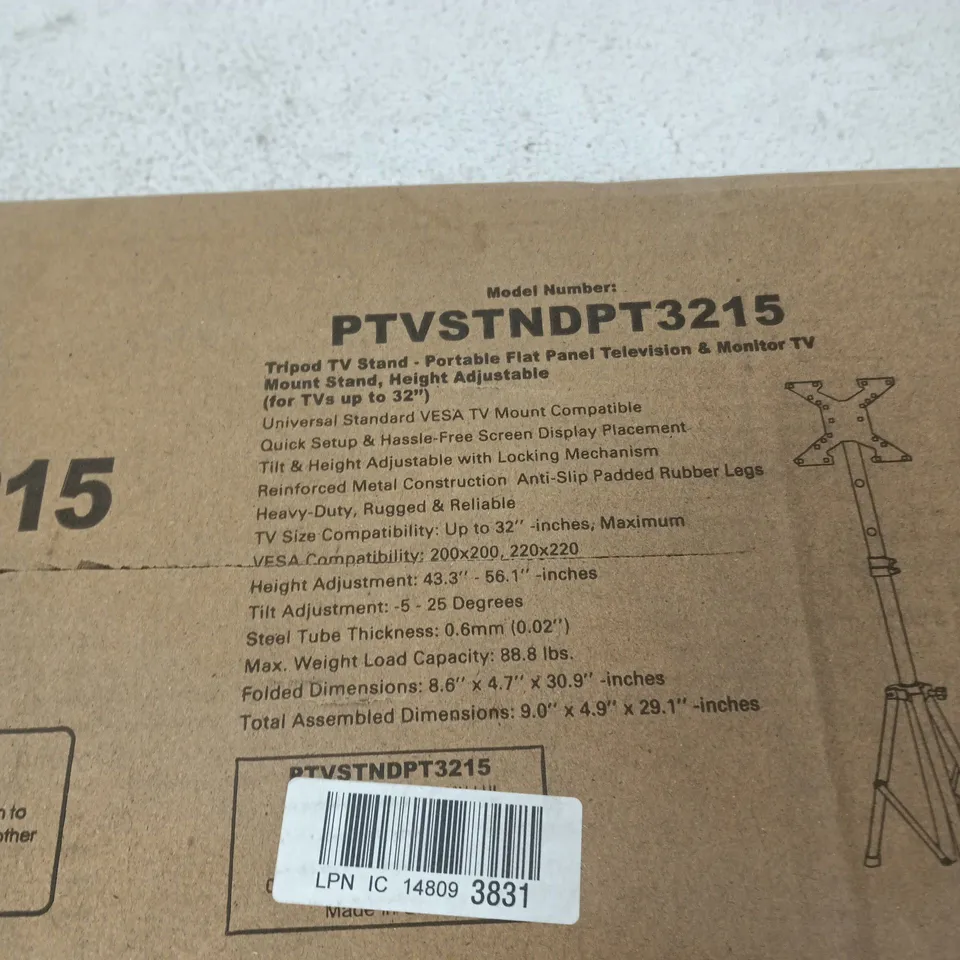 PTVSTNDP T3215 TRIPOD TV STAND – PORTABLE, HEIGHT ADJUSTABLE (UP TO 32") BOXED