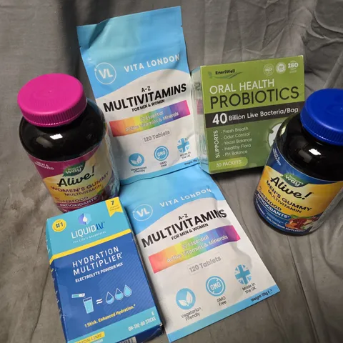 APPROXIMATELY 12 ASSORTED VITAMIN/HEALTH AID PRODUCTS TO INCLUDE VITA LONDON MULTIVITAMIN TABLETS, LIQUIDIV, ALIVE VITAMIN GUMMIES, ETC - COLLECTION ONLY