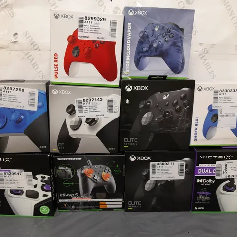 10 ASSORTED BOXED XBOX CONTROLLERS IN VARIOUS COLOURS AND TYPES TO INCLUDE MICROSOFT, THRUSTMASTER, VICTRIX, ETC