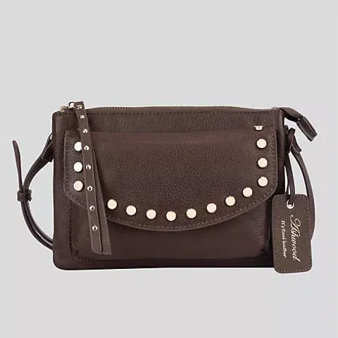 ASHWOOD LEATHER CROSSBODY BAG WITH STUD DETAIL - CHOCOLATE