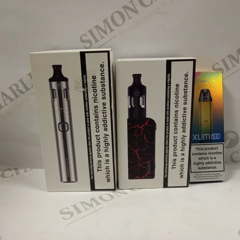 BOX OF APPROXMATELY 28 E-CIGARETTES AND LIQUIDS TO INCLUDE OXYA XLIM SE, INNOKIN EZ.WATT, INNOKIN ENDURA T20 S, ETC