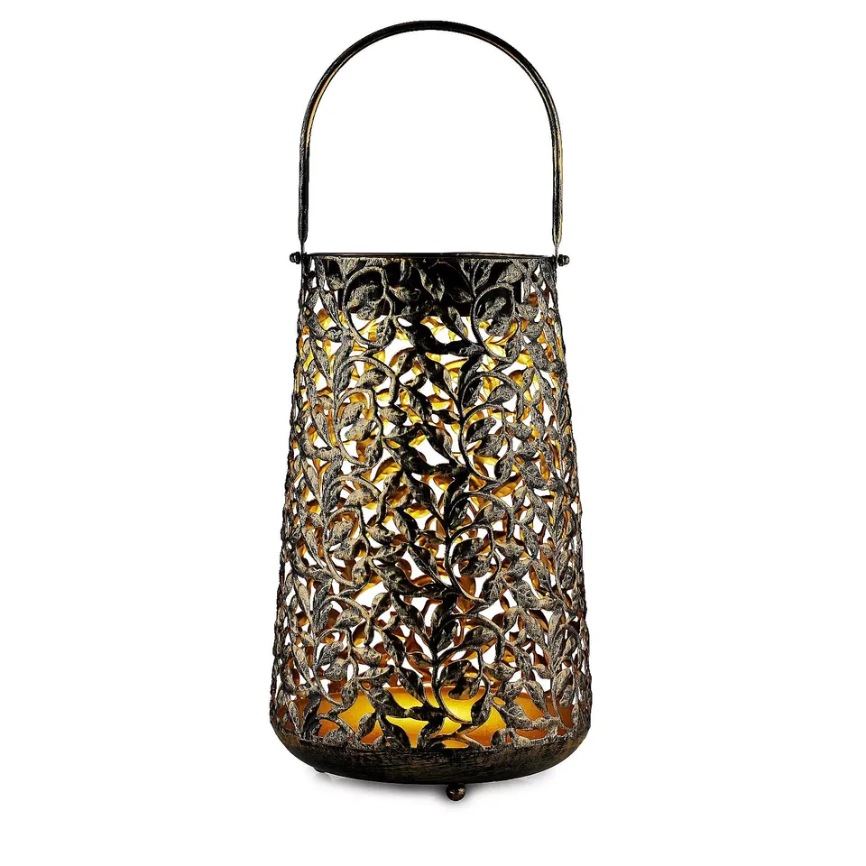 GARDEN STORIES OUTDOOR SOLAR LEAF PATTERN CYLINDRICAL LANTERN