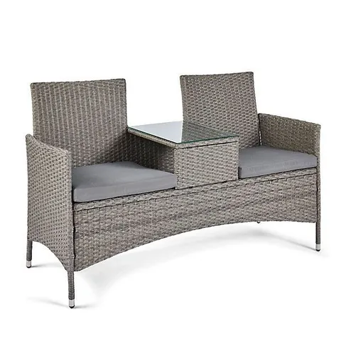BOXED VONHAUS RATTAN LOVE SEAT FOR GARDEN, GREY PE WICKER OUTDOOR JACK AND JILL SEAT FOR 2 PEOPLE WITH GLASS TABLETOP FOR PATIO