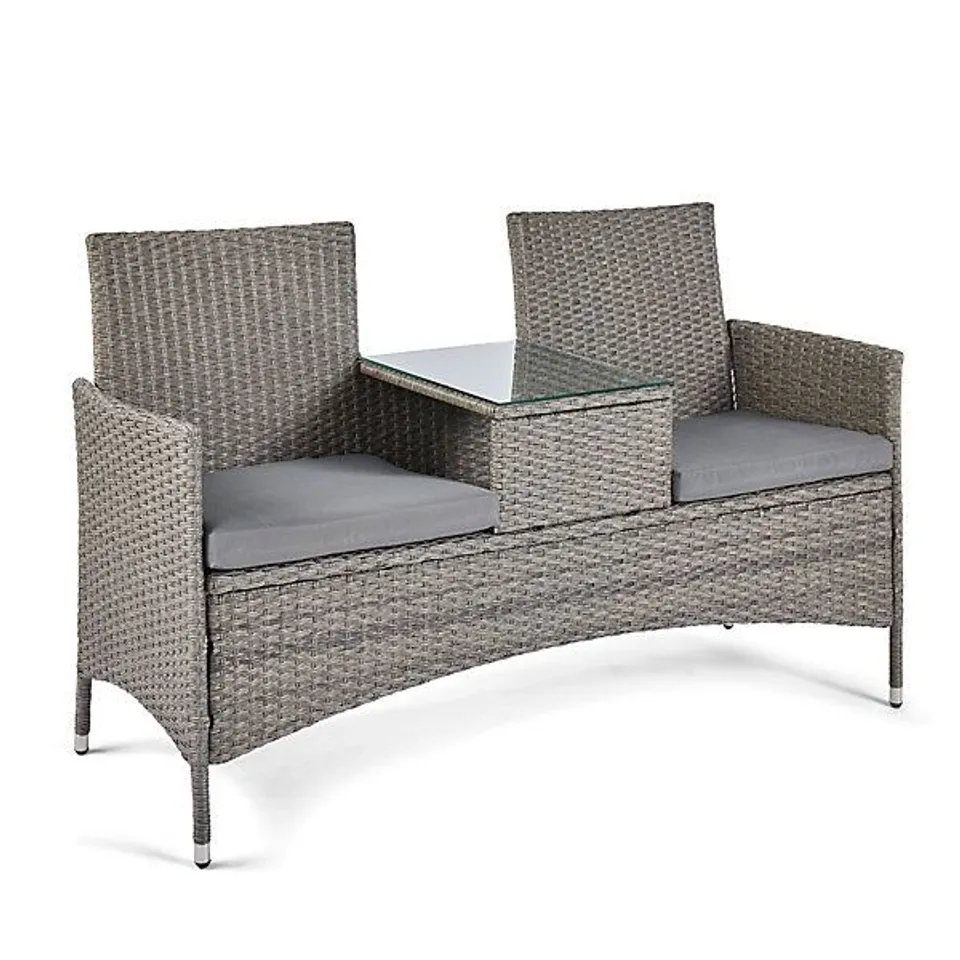 BOXED VONHAUS RATTAN LOVE SEAT FOR GARDEN, GREY PE WICKER OUTDOOR JACK AND JILL SEAT FOR 2 PEOPLE WITH GLASS TABLETOP FOR PATIO