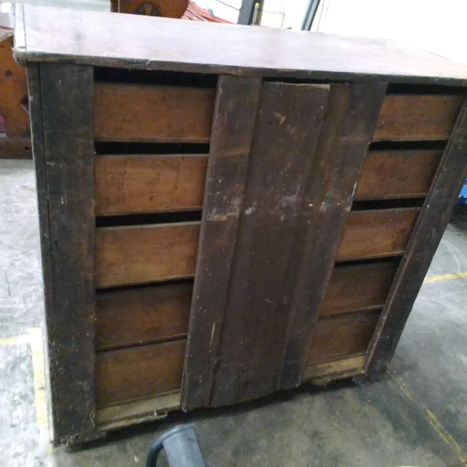 ANTIQUE TWO OVER FOUR DARK WOOD CHEST OF DRAWERS WITH BUN HANDLES