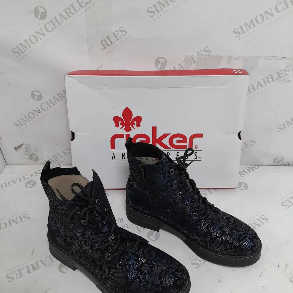 BOXED PAIR OF REIKER LACE UP BOOTS IN NAVY - SIZE 5