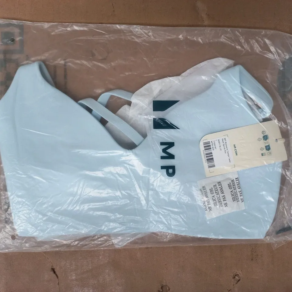 BAGGED MP WOMEN'S TEMPO TWIST BACK SPORTS BRA IN BABY BLUE SIZE LARGE