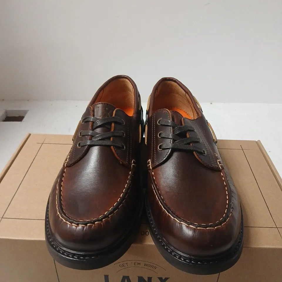 BOXED PAIR OF LANX MEN'S BROWN LEATHER BOAT SHOES, UK 8