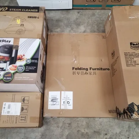 PALLET CONTAINING ASSORTED PRODUCTS INCLUDING STEAM CLEANER, AIR FRYER, STORAGE OTTOMAN, FOLDING FURNITURE & FOLDING CHAIR