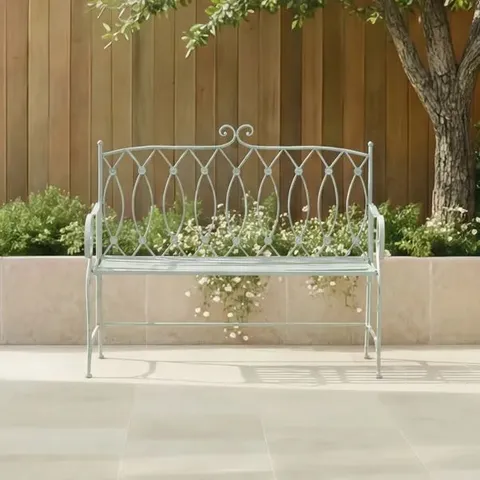 BOXED WROUGHT IRON 2 SEATER SAGE GREEN BENCH (1 BOX)