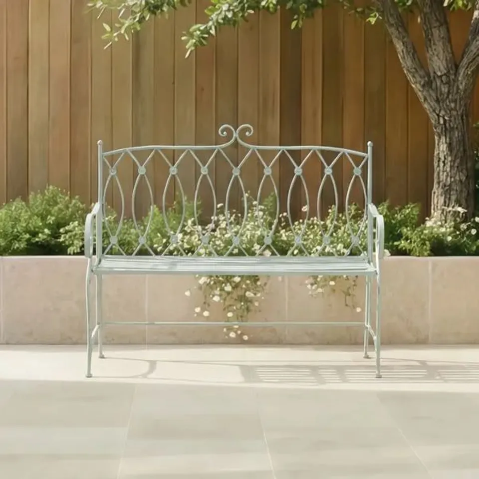 BOXED WROUGHT IRON 2 SEATER SAGE GREEN BENCH (1 BOX)