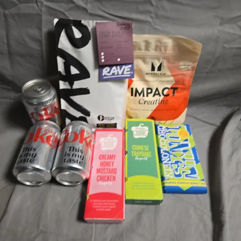APPROXIMATELY 5 ASSORTED FOOD &DRINK ITEMS TO INCLUDE - TONYS CHOCOLATE, DIET COKE AND MY PROTEIN - COLLECTION ONLY