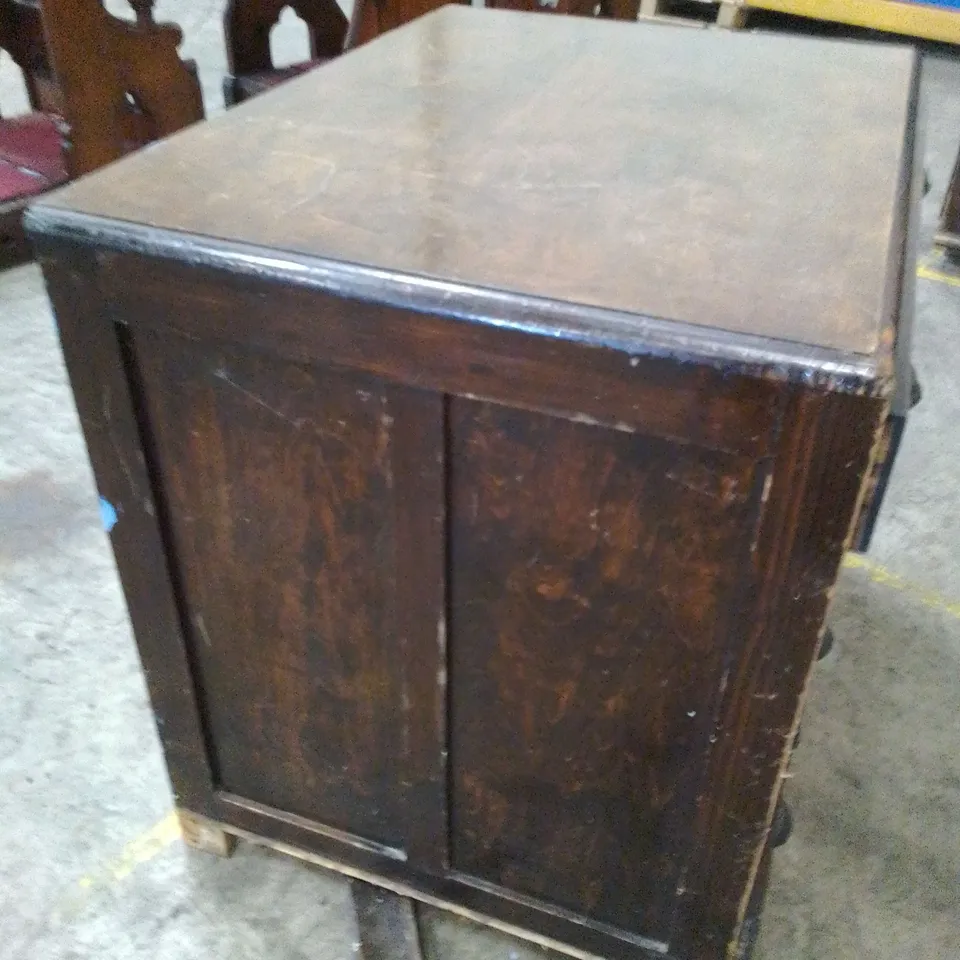 ANTIQUE FIVE DRAWER DARK WOOD CHEST WITH HALF MOON SHELL PULL HANDLES