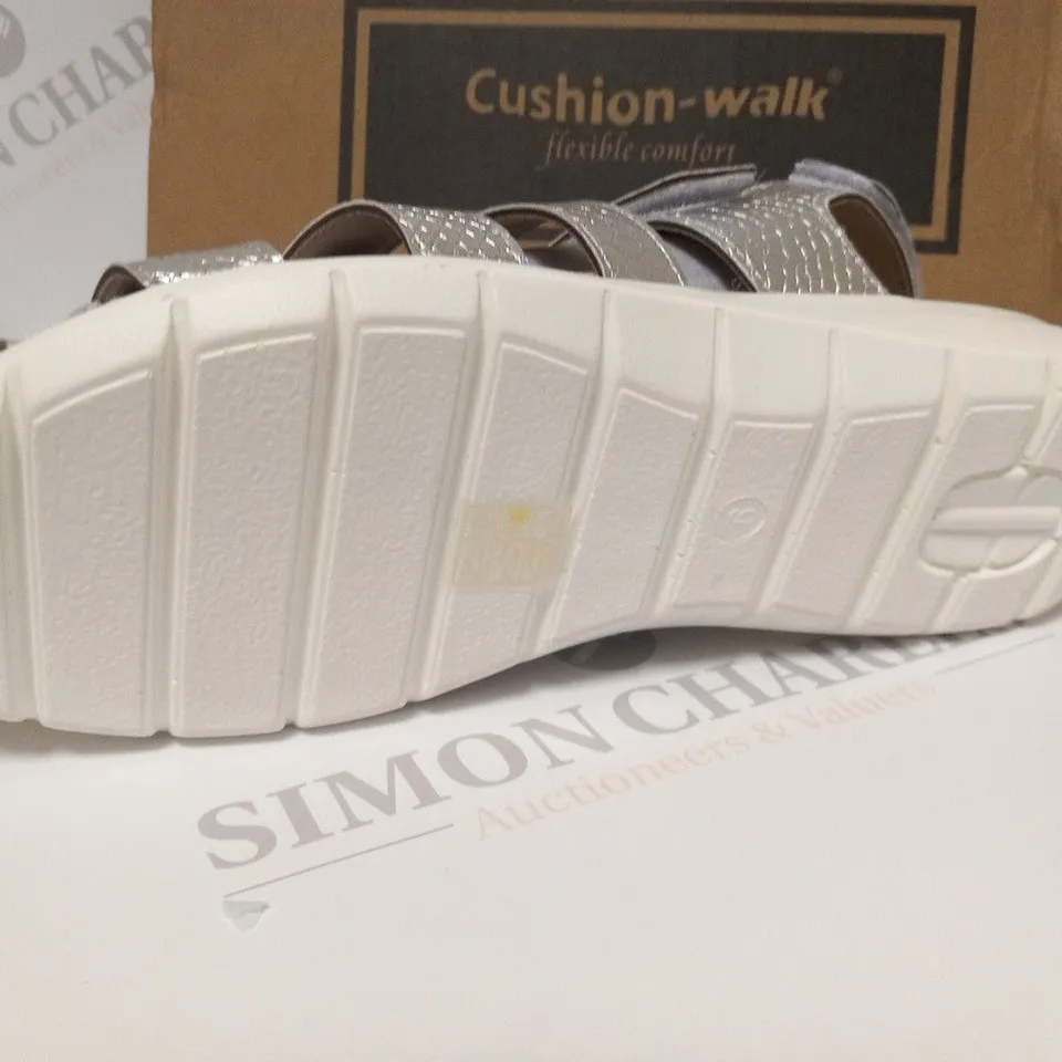 BOXED PAIR OF CUSHION WALK ONE TOUCH CLOSE SANDALS IN SILVER - SIZE 6 