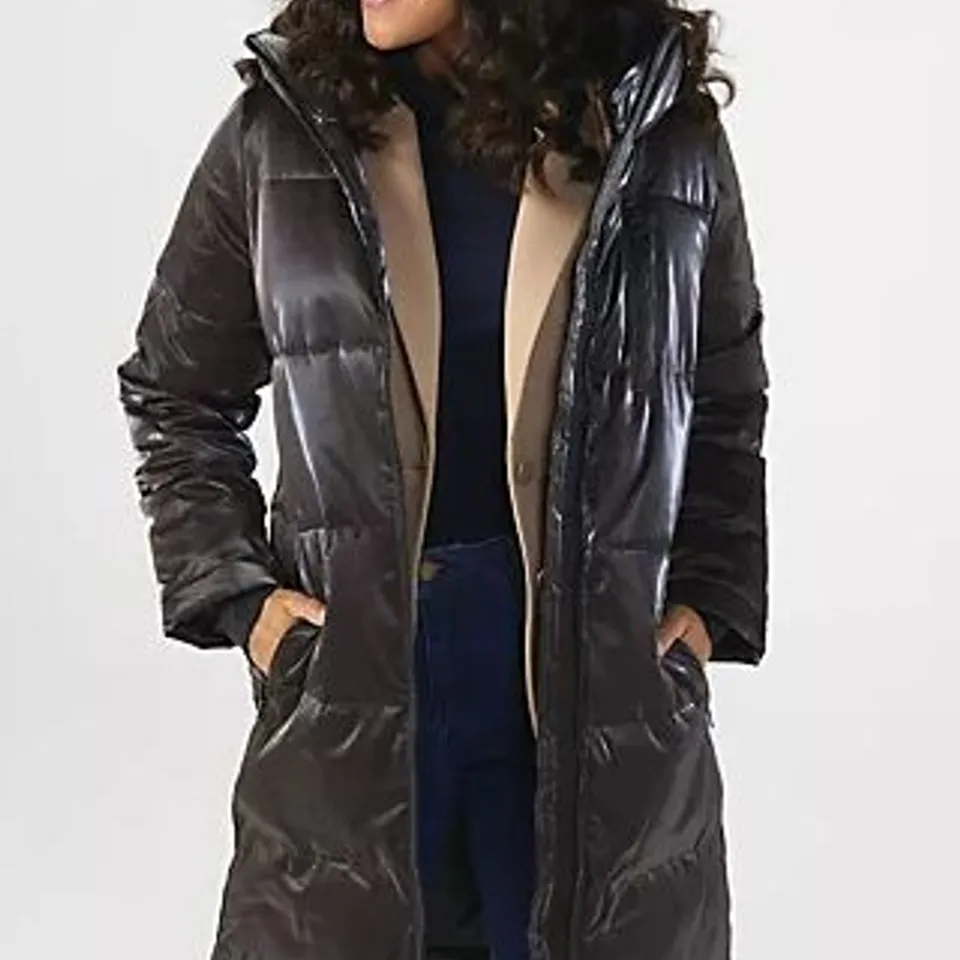 NUAGE LIQUID SHINE 3/4 COAT WITH SIDE ZIPPERS & HOOD COFFEE EXTRA LARGE