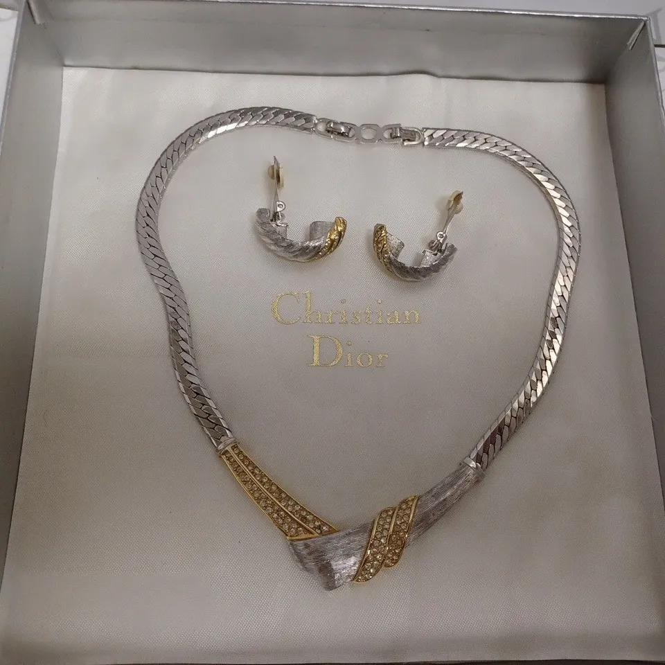 CHRISTIAN DIOR NECKLACE AND CLIP ON EARRING SET - SILVER AND GOLD EFFECT