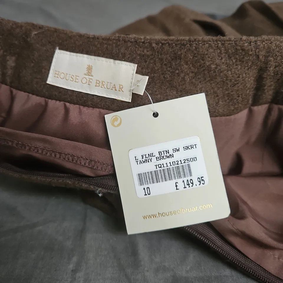 HOUSE OF BRUAR LADIES' FLANNEL BUTTON SWINF SKIRT - TAWNY BROWN, UK SIZE 10