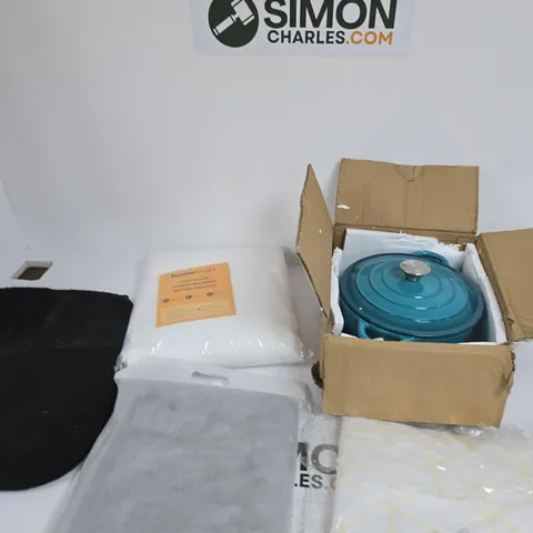 BOX OF APPROXIMATELY 10 ASSORTED ITEMS INCLUDING A SHOWER CURTAIN, A HOME SMART LUXURY COOLING JACQUARD WATERPROOF MATTRESS PROTECTOR AND A GREY BATH TOWEL