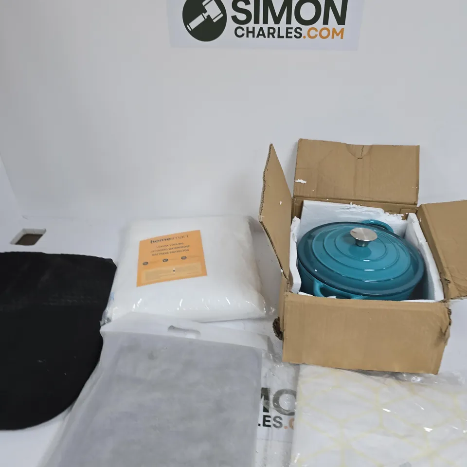 BOX OF APPROXIMATELY 10 ASSORTED ITEMS INCLUDING A SHOWER CURTAIN, A HOME SMART LUXURY COOLING JACQUARD WATERPROOF MATTRESS PROTECTOR AND A GREY BATH TOWEL