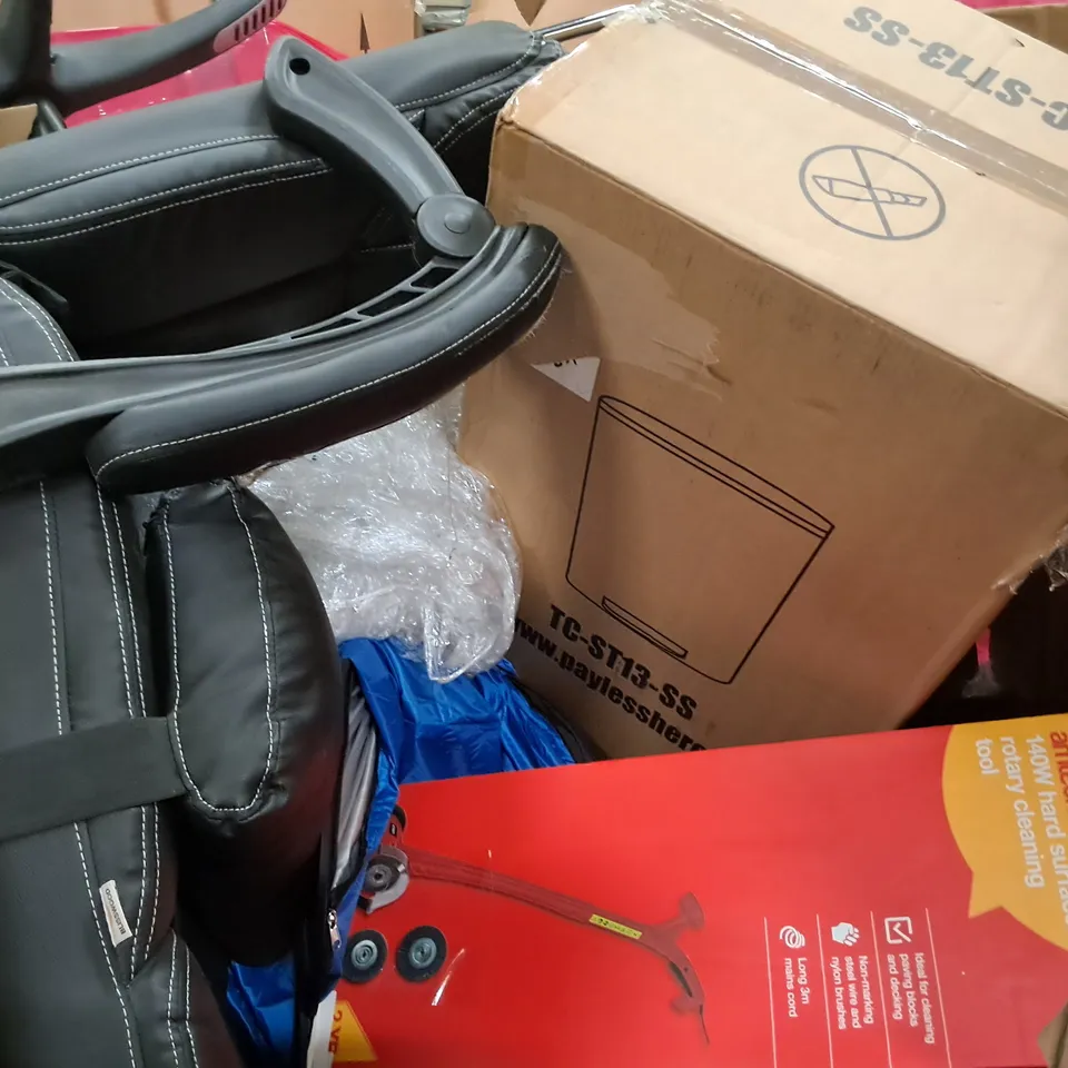 PALLET OF ASSORTED HOUSEHOLD ITEMS TO INCLUDE OFFICE CHAIR, AM TECH ROTARY CLEANING TOOL AND RETRACTABLE GATE