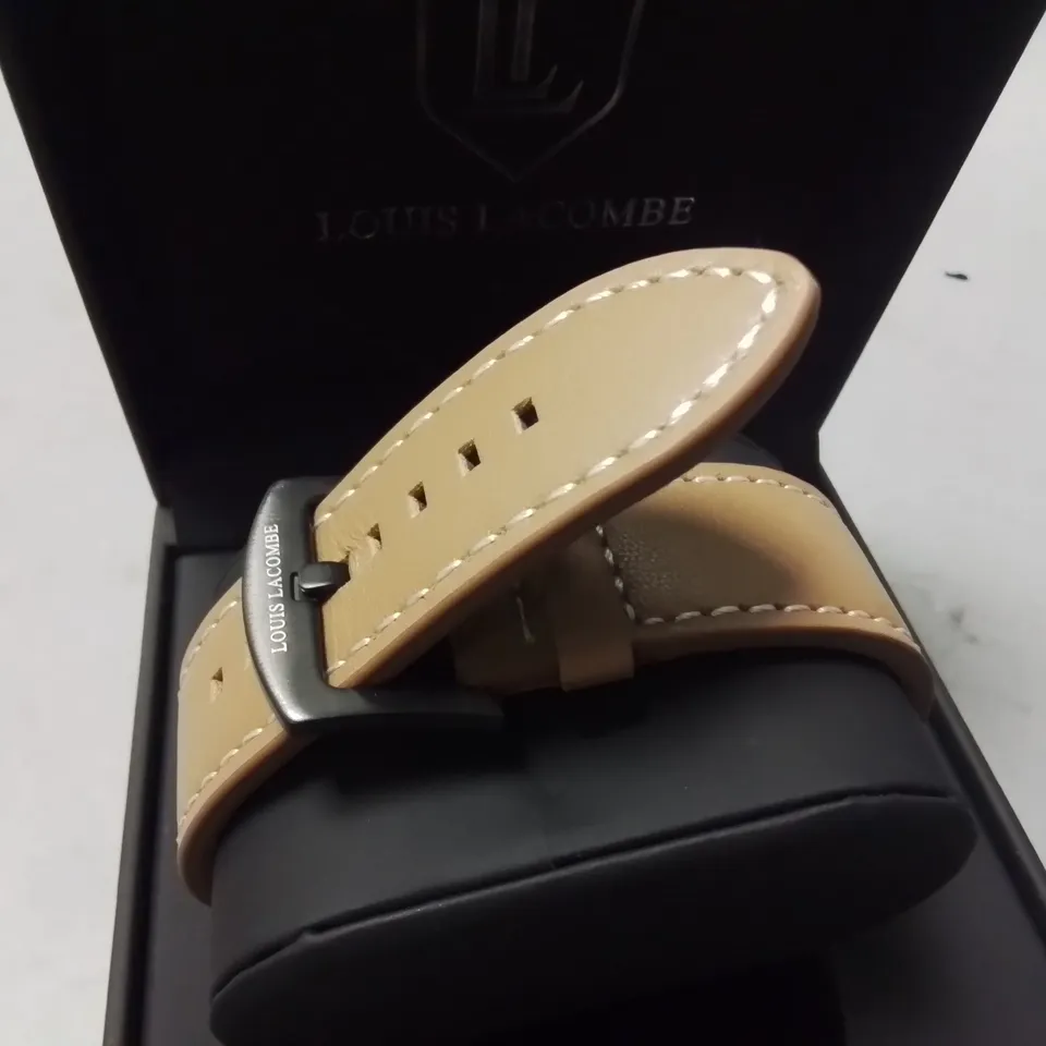 LOUIS LACOMBE GENTS STAINLESS STEEL CHRONOGRAPH WATCH WITH BROWN STRAP IN GIFT BOX