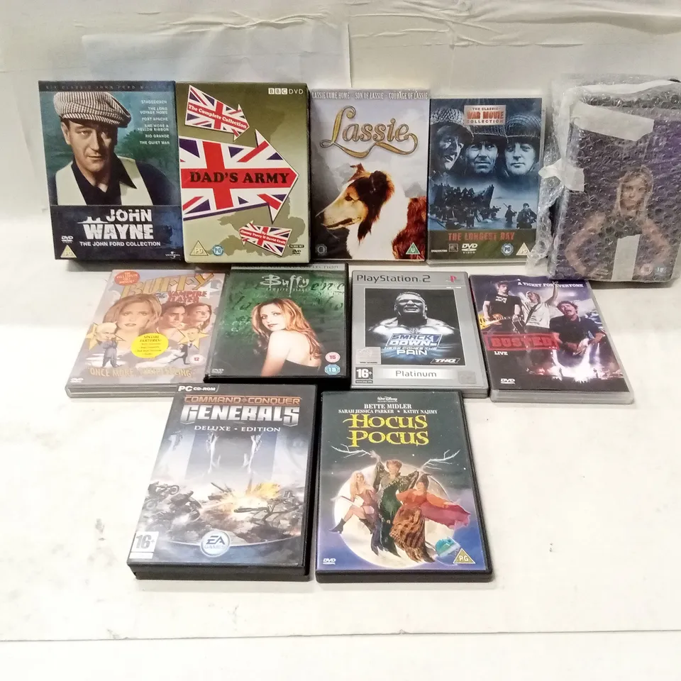 APPROXIMATELY 14 ASSORTED DVD AND VIDEO GAMES TO INCLUDE; BUFFY THE VAMPIRE SLAYER, HOCUS POCUS, WWE SMACK DOWN ETC