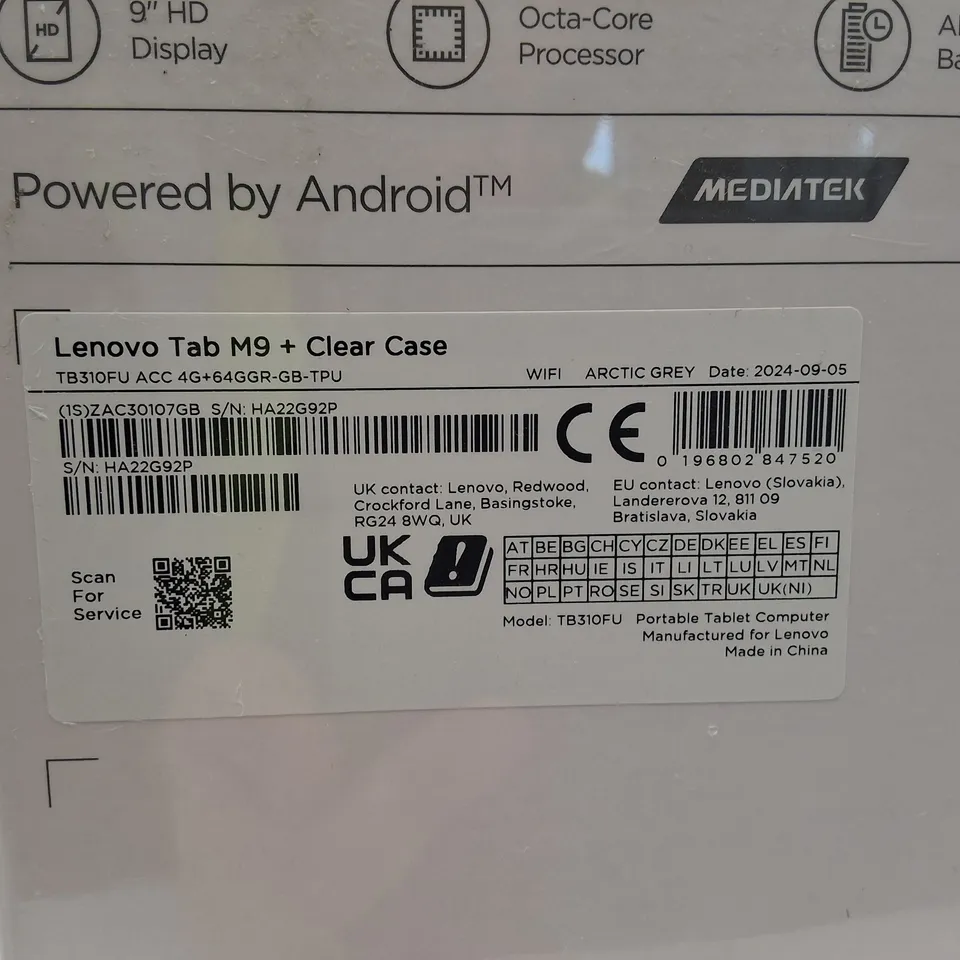 SEALED LENOVO TAB M9 + CLEAR CASE TABLET IN ARTIC GREY - TB310FU