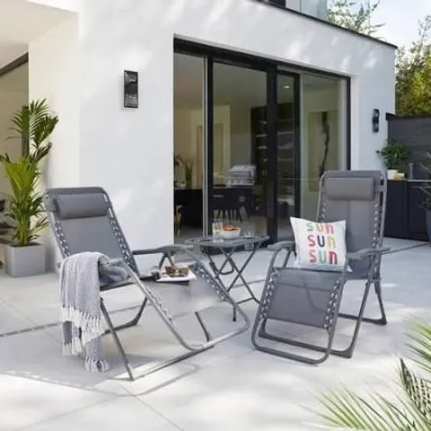 BOXED HELSINKI SET OF 2 RECLINING SUN LOUNGER CHAIRS WITH TABLE (1 BOX)