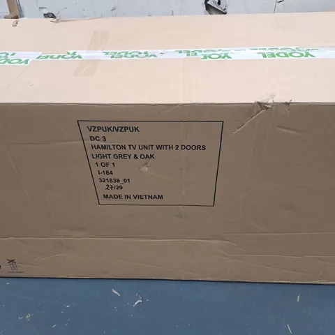 HAMILTON READY ASSEMBLED 2 DOOR TV UNIT - FITS UP TO 50 INCH TV - LIGHT GREY/OAK EFFECT