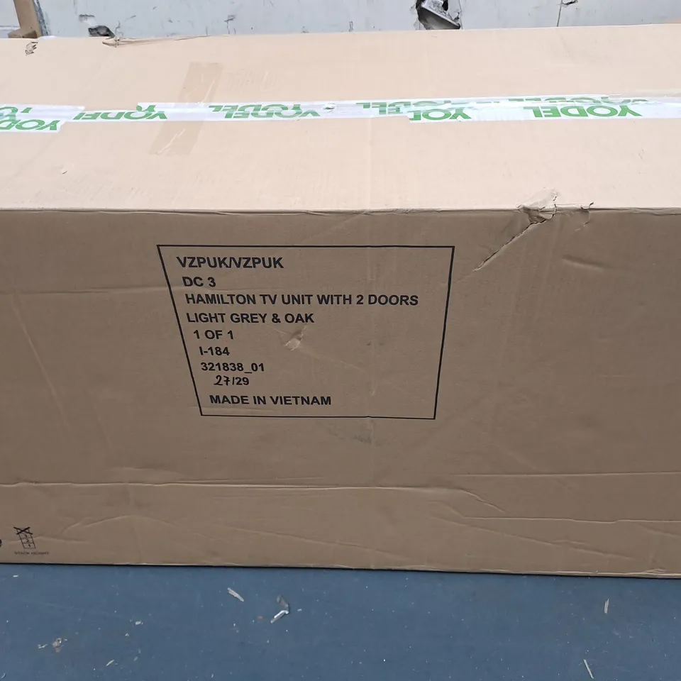 HAMILTON READY ASSEMBLED 2 DOOR TV UNIT - FITS UP TO 50 INCH TV - LIGHT GREY/OAK EFFECT