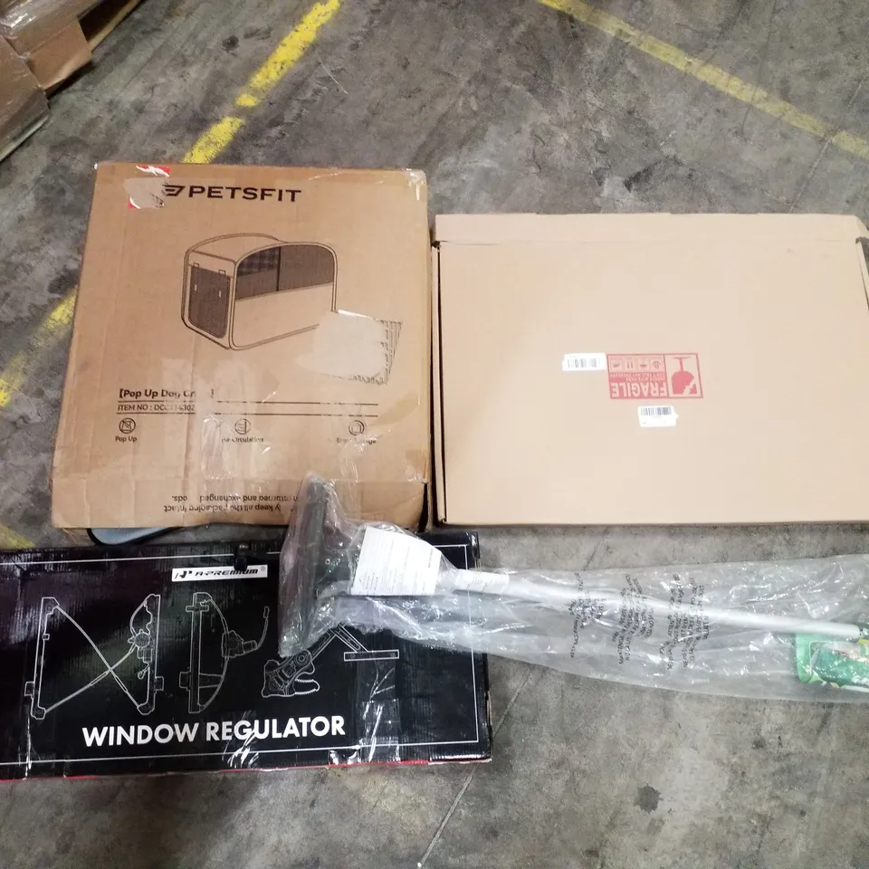 PALLET OF ASSORTED PRODUCTS INCLUDING POP UP DOG CRATE, WINDOW REGULATOR, WEED EXTRACTOR, WALL MIRROR