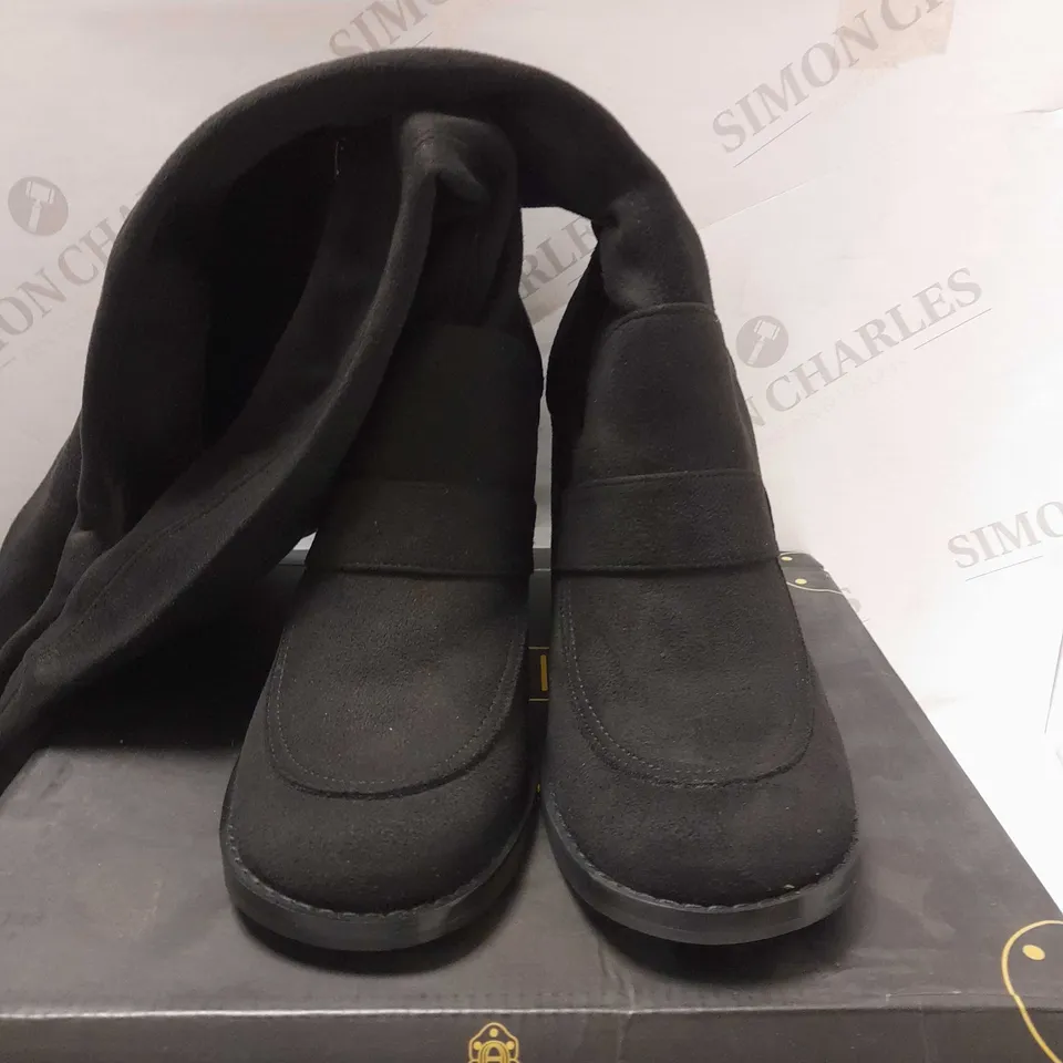 KOI BLACK SUEDE LONG HEELED BOOTS - SIZE 9