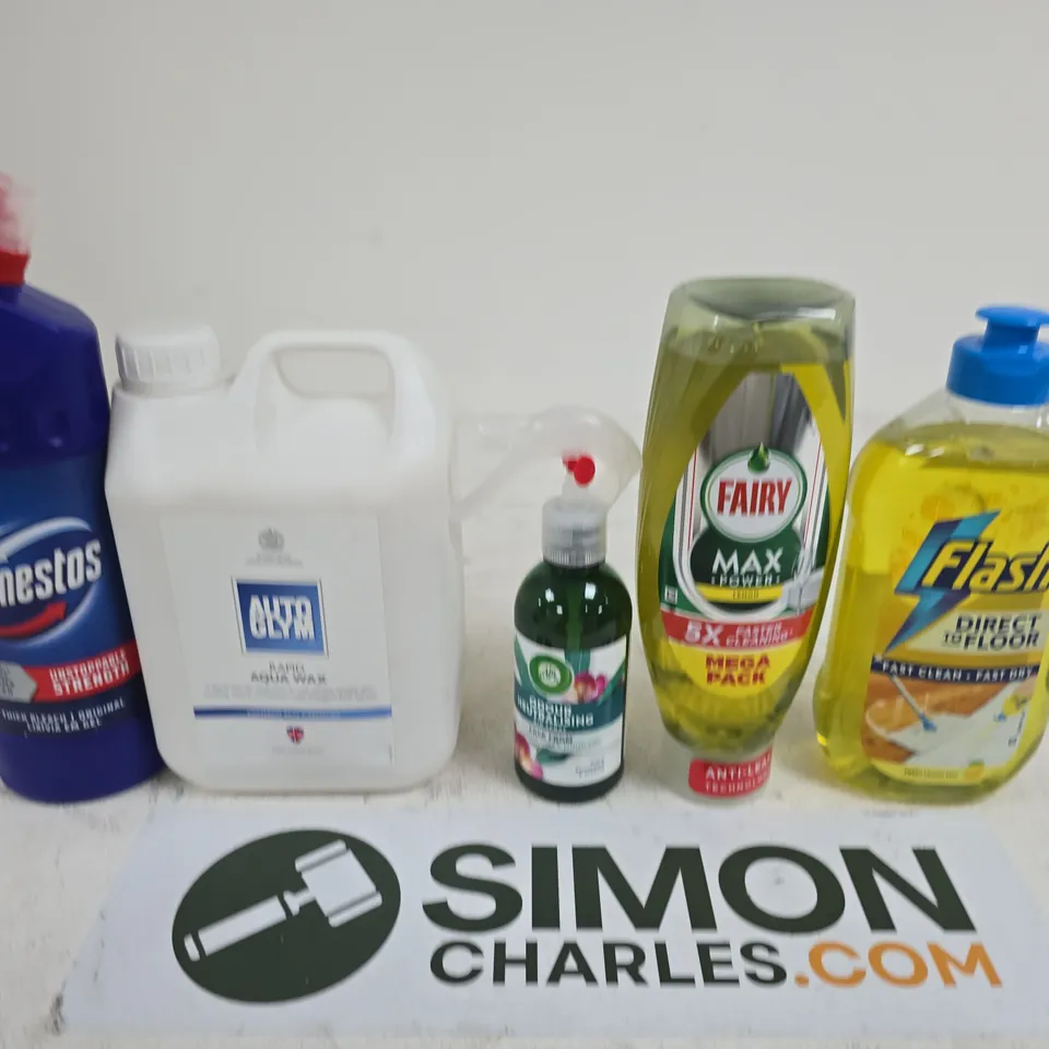 ASSORTED HOUSEHOLD CLEANING PRODUCTS – DOMESTOS, AUTOGLYM RAPID AQUA WAX, FAIRY MAX POWER, FLASH DIRECT FLOOR 