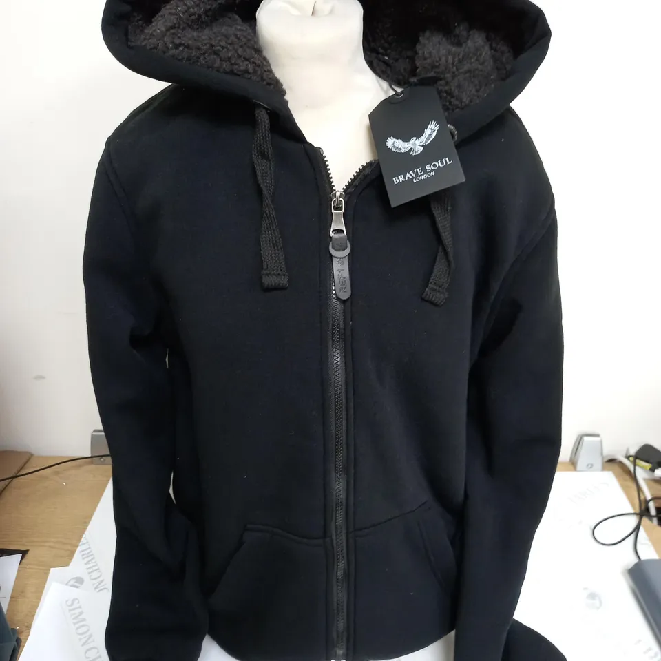 BRAVE SOUL FLEECE LINED BLACK ZIP THROUGH HOODIE - L