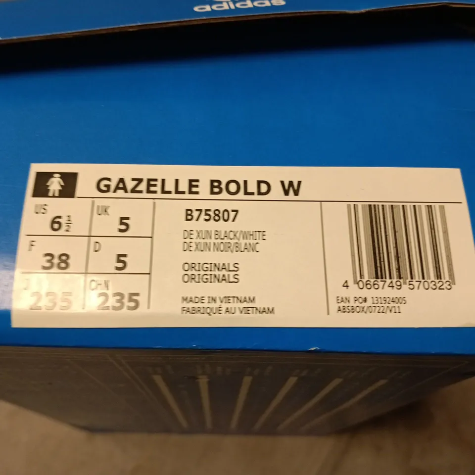 BOXED ADIDAS GAZELLE BOLD W TRAINERS – BLACK/WHITE, UK 5 (US 6.5 / EU 38)