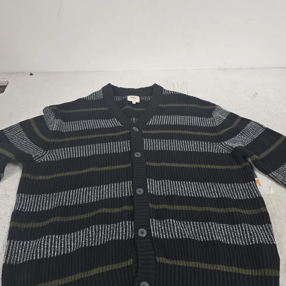 REBEL KNIT CARDIGAN – STRIPED NAVY/OLIVE, UK SIZE L