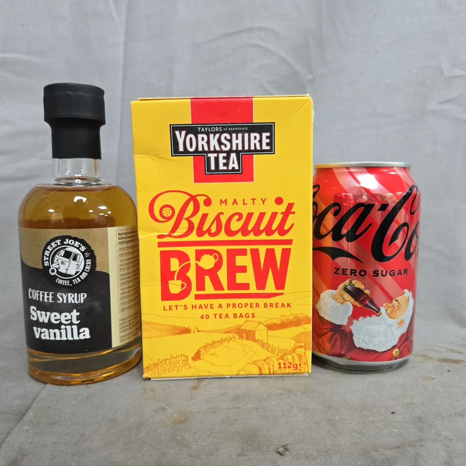 APPROXIMATELY 8 ASSORTED FOOD AND DRINK ITEMS TO INCLUDE COCA-COLA, SWEET VANILLA COFFEE SYRUP, ETC