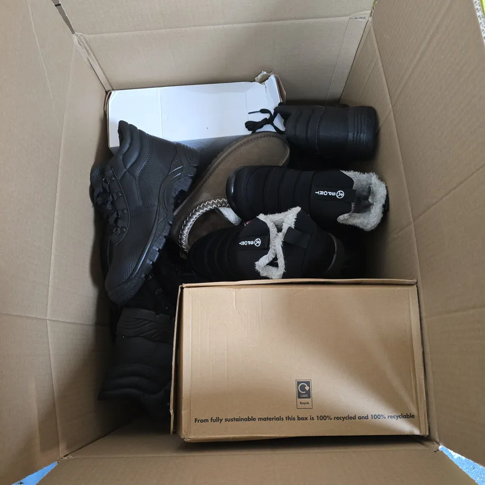 BOX OF APPROXIMATELY 15 ASSORTED FOOTWEAR ITEMS TO INCLUDE BLACK CHUKKA BOOTS, SLIPPERS ETC