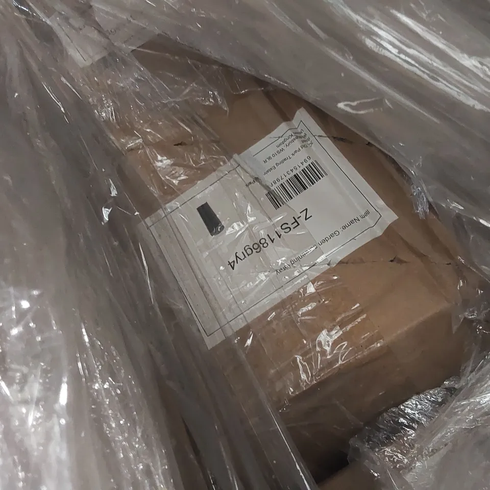 PALLET OF ASSORTED ITEMS INCLUDING: DRESSING TABLE STOOLS, GARDEN SCREENING, UNDER SINK BATHROOM CABINET, FLOATING SHELF ECT