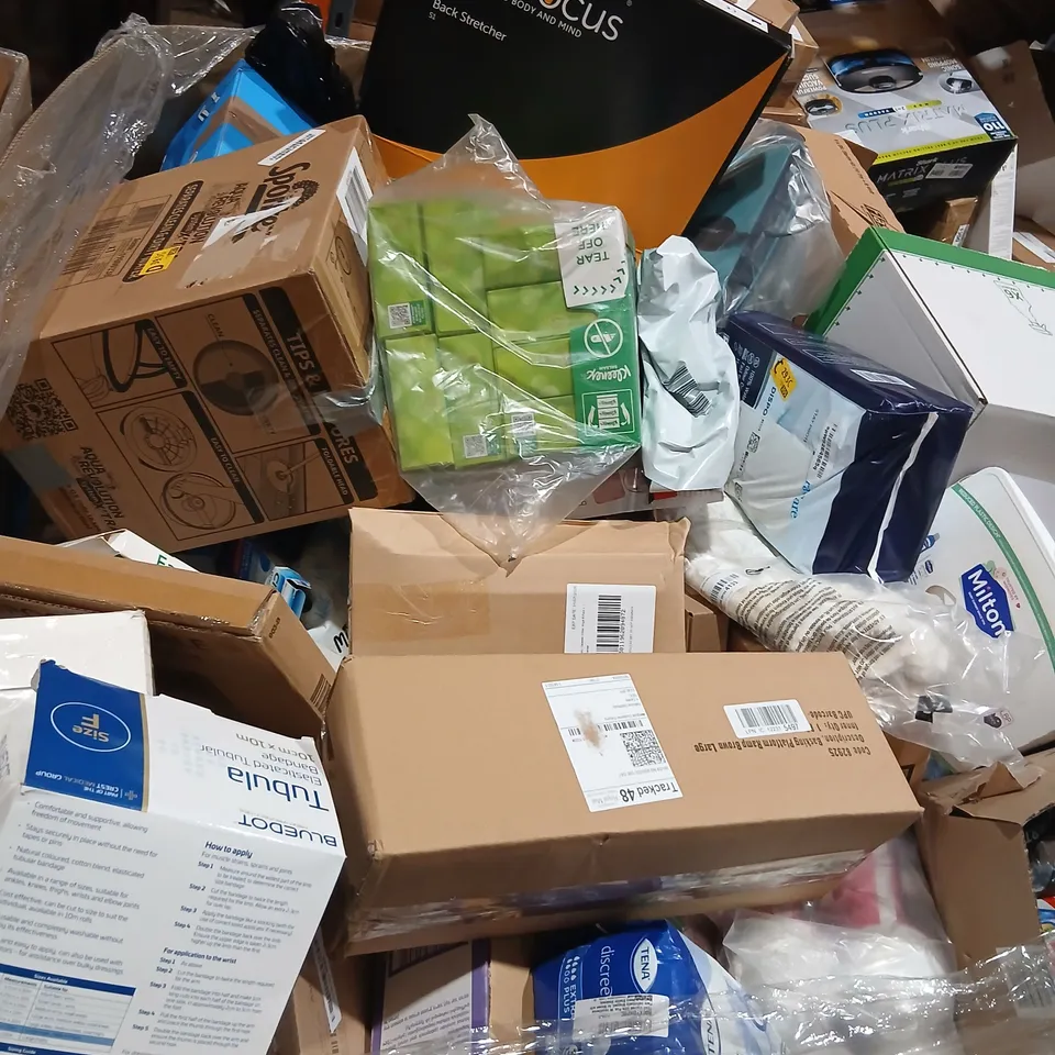 PALLET OF ASSORTED PRODUCTS TO INCLUDE; BLUEDOT TUBULA ELASTICATED TUBULAR BANDAGE, FAIRY PLATINUM PLUS COMPLETE, MILTON COLD WATER STERILISER, KLEENEX, VELVET TOILET ROLL, VILEDA SPIN AND CLEAN AND F