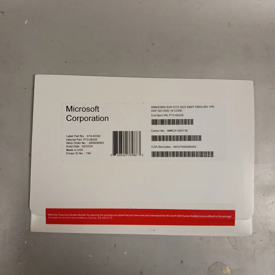 SEALED MICROSOFT WINDOWS SERVER 2022 STANDARD 64-BIT LICENSE