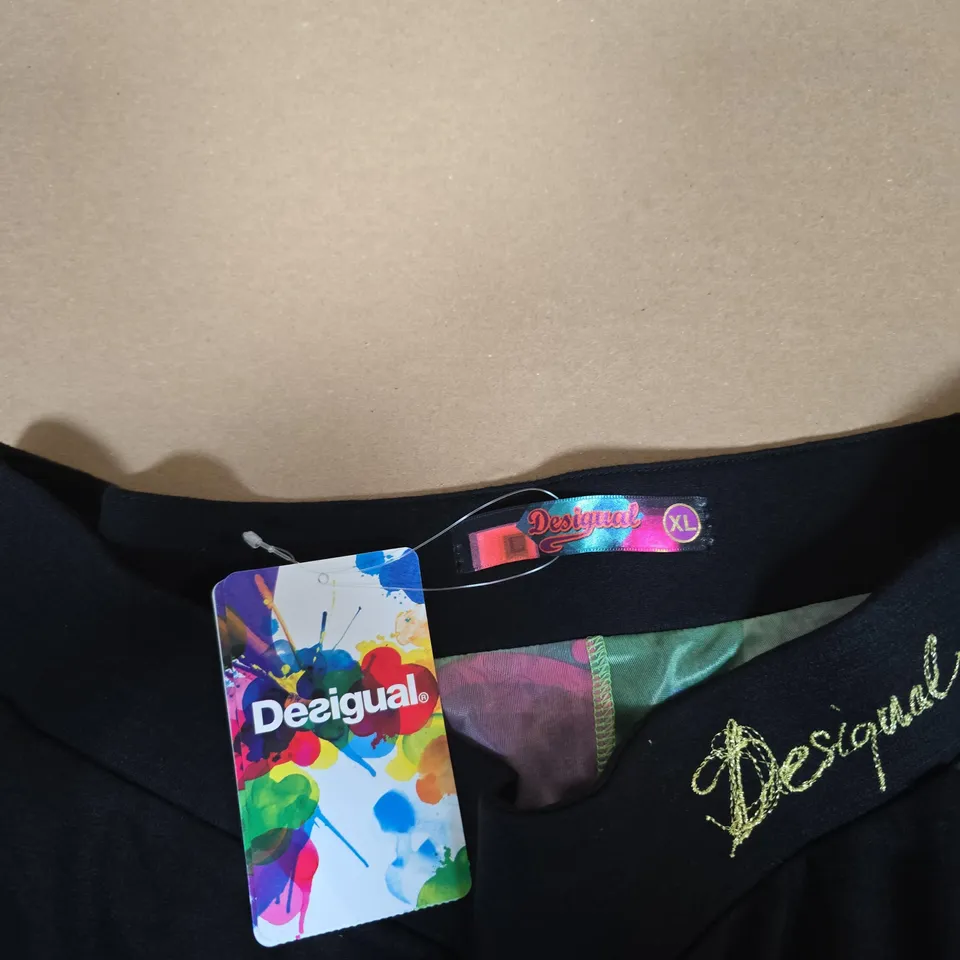 DESIGUAL WOMEN'S SKIRT – BLACK WITH MULTICOLOUR HEM PRINT, SIZE XL