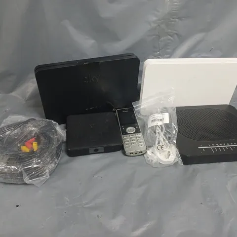APPROXIMATELY 7 ASSORTED HOUSEHOLD ITEMS TO INCLUDE ROUTERS, CABLES, PHONE, ETC