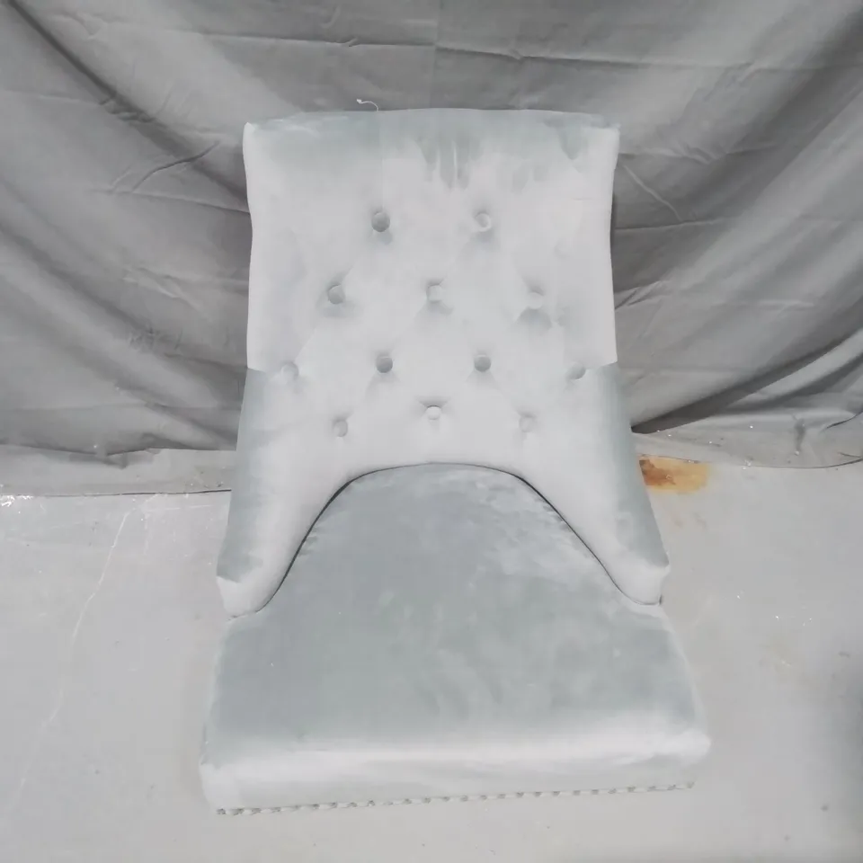 DESIGNER GREY FABRIC CHAIR WITH BUTTON DETAIL - COLLECTION ONLY